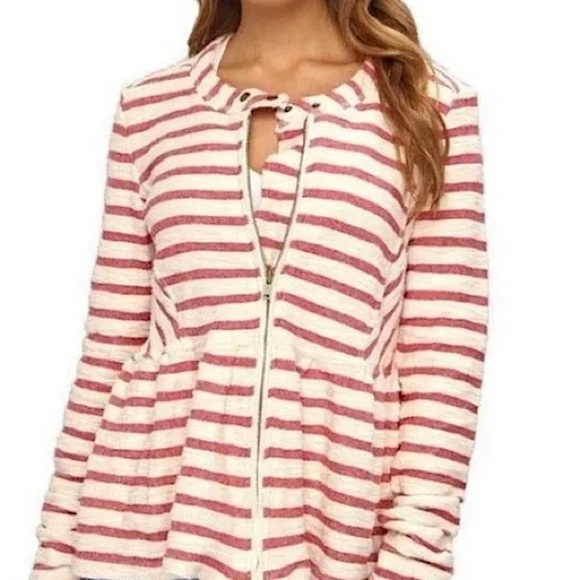 Free People Full Zip Peplum Striped Tweed Jacket in Ivory/Red Size M - Picture 1 of 13